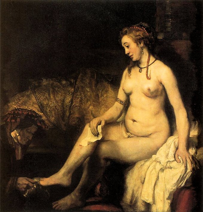 ダビデ王の手紙を手にしたバテシバの水浴(Bathseba met de brief van koning David)-ルーヴル美術館1654年　レンブラント・ファン・レイン(Rembrandt van Rijn)